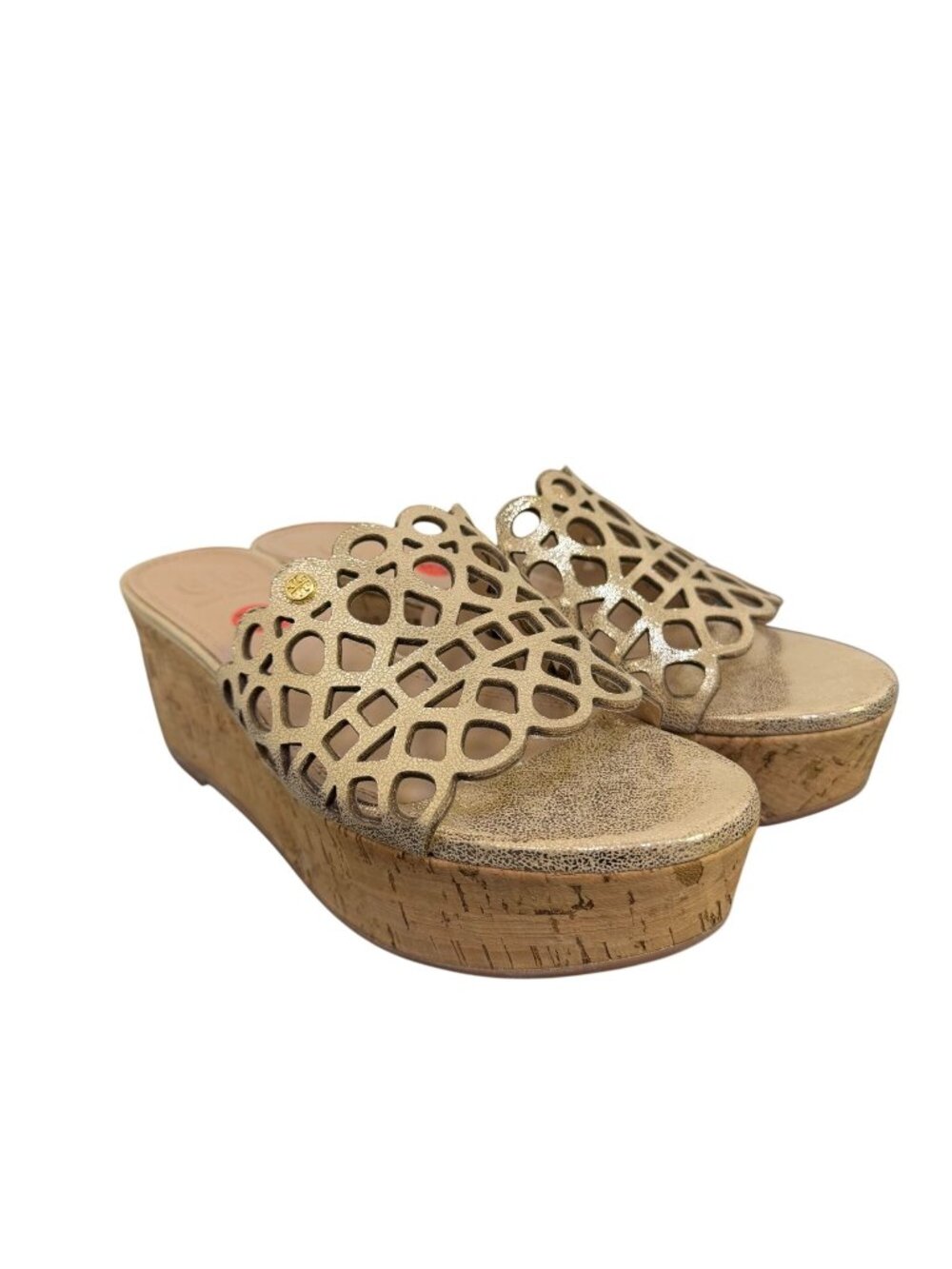 Tory Burch Gold Laser Cut Cork Wedge Sandals Size 6.5
